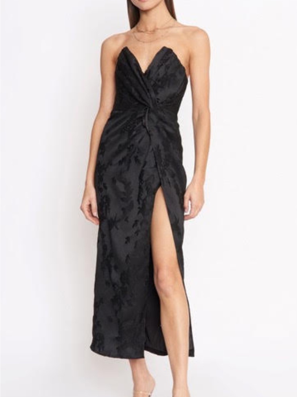 Strapless Black Twist Front Midi Dress